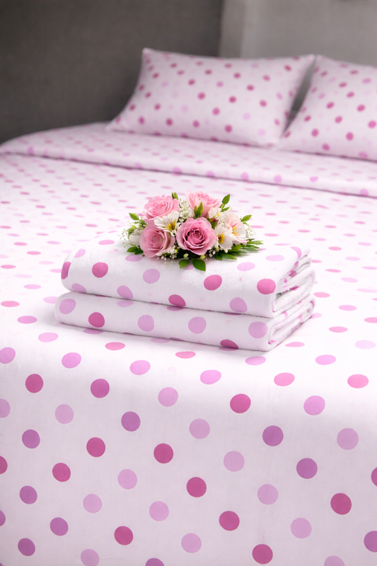 Premium Cotton Pink Polka Dot Bedsheet Set – Soft & Breathable