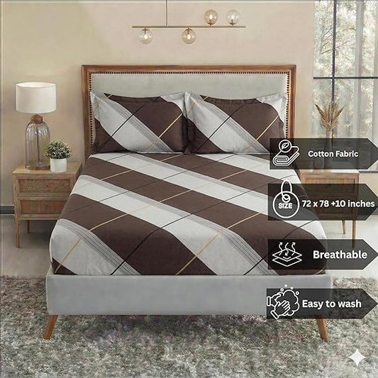 Cotton Elastic Fitted Brown Printed Double Bed Bedsheet with 2 Pillow Covers
