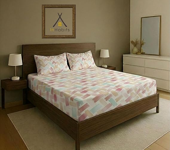 Cotton Feel Glace Cotton Elastic Fitted Printed King Size Double Bed Bedsheet with 2 Pillow Covers Fits Up to 10 inches Mattress