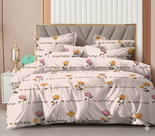 Vintage Floral Bloom Premium Cotton Bedsheet Set – Hand-Drawn Rose & Marigold Pattern (Copy)