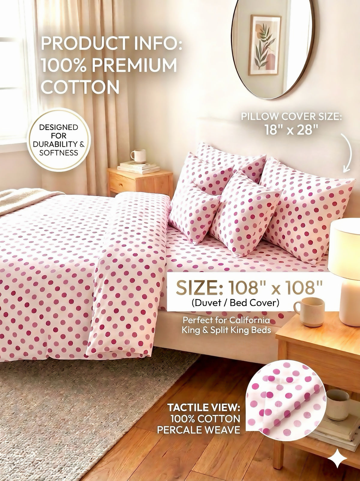 Oversized Blush Polka Dot Duvet Set – 100% Premium Cotton Percale
