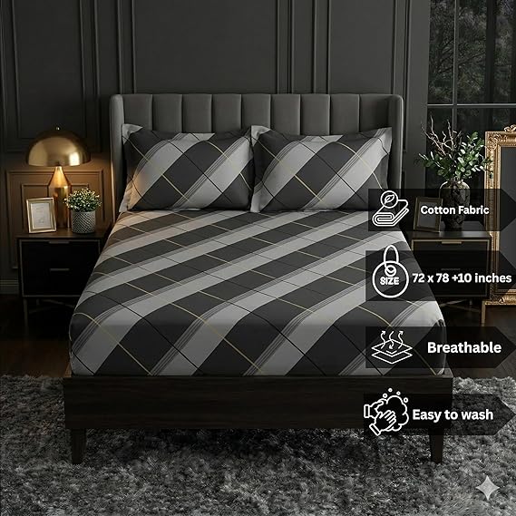 Cotton Feel Glace Cotton Elastic Fitted Printed King Size Double Bed Bedsheet with 2 Pillow Covers Fits Up to 10 inches Mattress