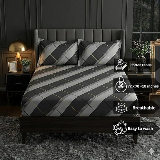 Cotton Feel Glace Cotton Elastic Fitted Printed King Size Double Bed Bedsheet with 2 Pillow Covers Fits Up to 10 inches Mattress