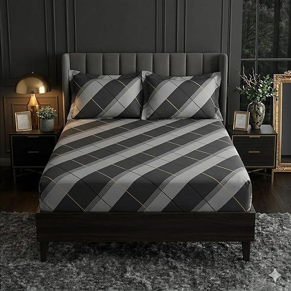 Cotton Feel Glace Cotton Elastic Fitted Printed King Size Double Bed Bedsheet with 2 Pillow Covers Fits Up to 10 inches Mattress