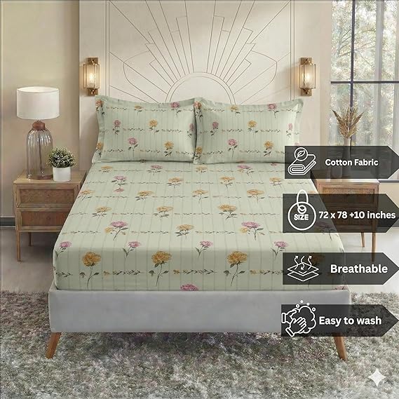 Cotton Feel Glace Cotton Elastic Fitted Printed King Size Double Bed Bedsheet with 2 Pillow Covers Fits Up to 10 inches Mattress