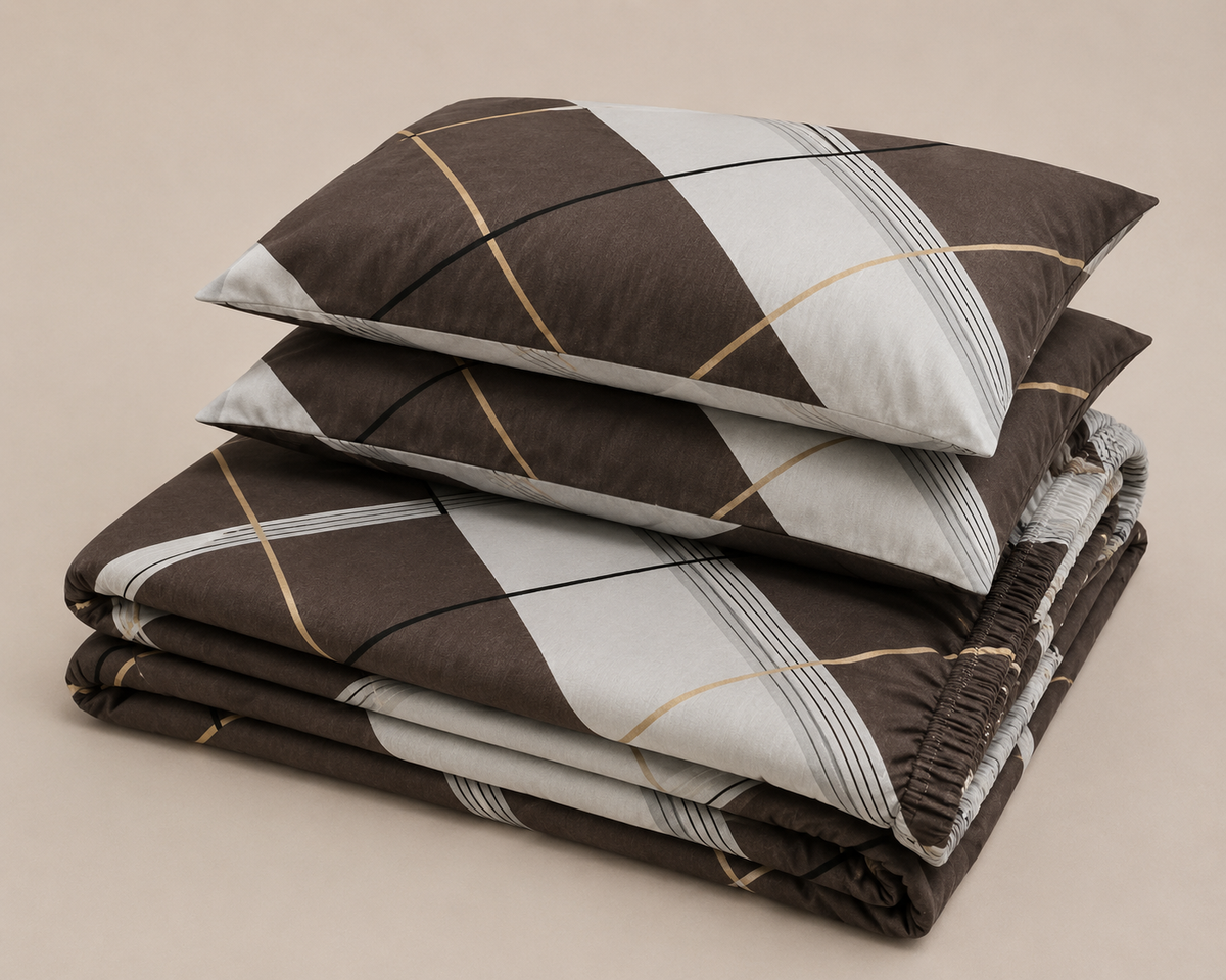 Cotton Elastic Fitted Brown Printed Double Bed Bedsheet with 2 Pillow Covers