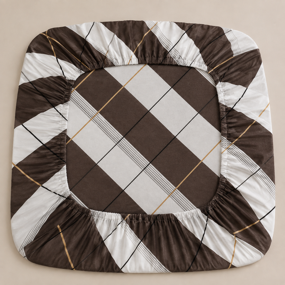 Cotton Elastic Fitted Brown Printed Double Bed Bedsheet with 2 Pillow Covers