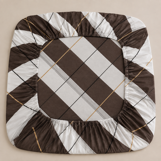 Cotton Elastic Fitted Brown Printed Double Bed Bedsheet with 2 Pillow Covers