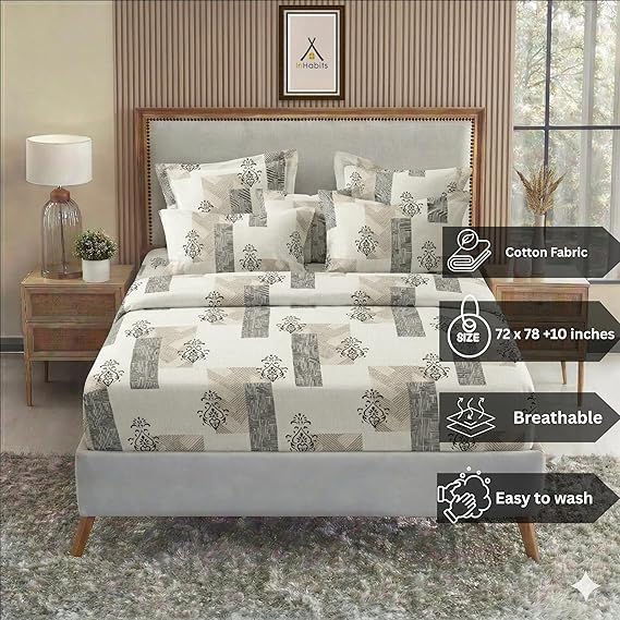 Cotton Feel Glace Cotton Elastic Fitted Printed King Size Double Bed Bedsheet with 2 Pillow Covers Fits Up to 10 inches Mattress