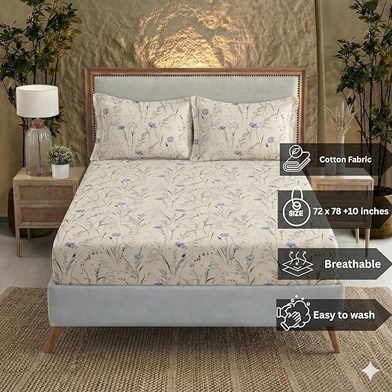Cotton Feel Glace Cotton Elastic Fitted Printed King Size Double Bed Bedsheet with 2 Pillow Covers Fits Up to 10 inches Mattress