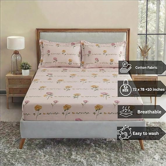 Cotton Feel Glace Cotton Elastic Fitted Printed King Size Double Bed Bedsheet with 2 Pillow Covers Fits Up to 10 inches Mattress