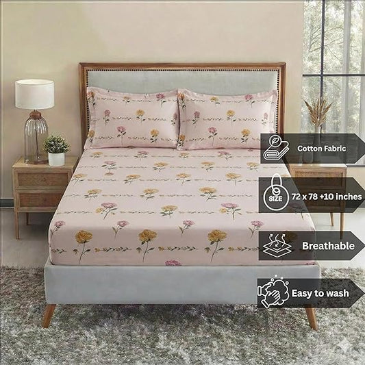 Glace Cotton Elastic Fitted Printed King Size Double Bed Bedsheet with 2 Pillow Covers Fits Up to 10 inches Mattress (Copy) (Copy)