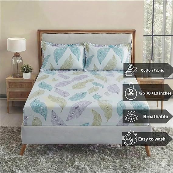 Glace Cotton Elastic Fitted Printed King Size Double Bed Bedsheet with 2 Pillow Covers Fits Up to 10 inches Mattress (Copy) (Copy) (Copy)