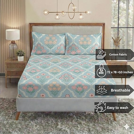 Cotton Feel Glace Cotton Elastic Fitted Printed King Size Double Bed Bedsheet with 2 Pillow Covers Fits Up to 10 inches Mattress