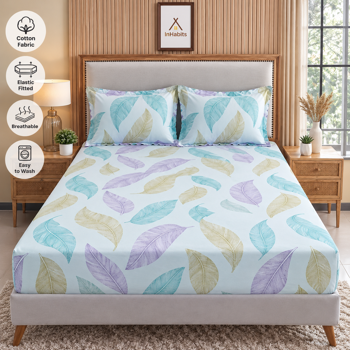 Glace Cotton Elastic Fitted Printed King Size Double Bed Bedsheet with 2 Pillow Covers Fits Up to 10 inches Mattress (Copy) (Copy) (Copy)
